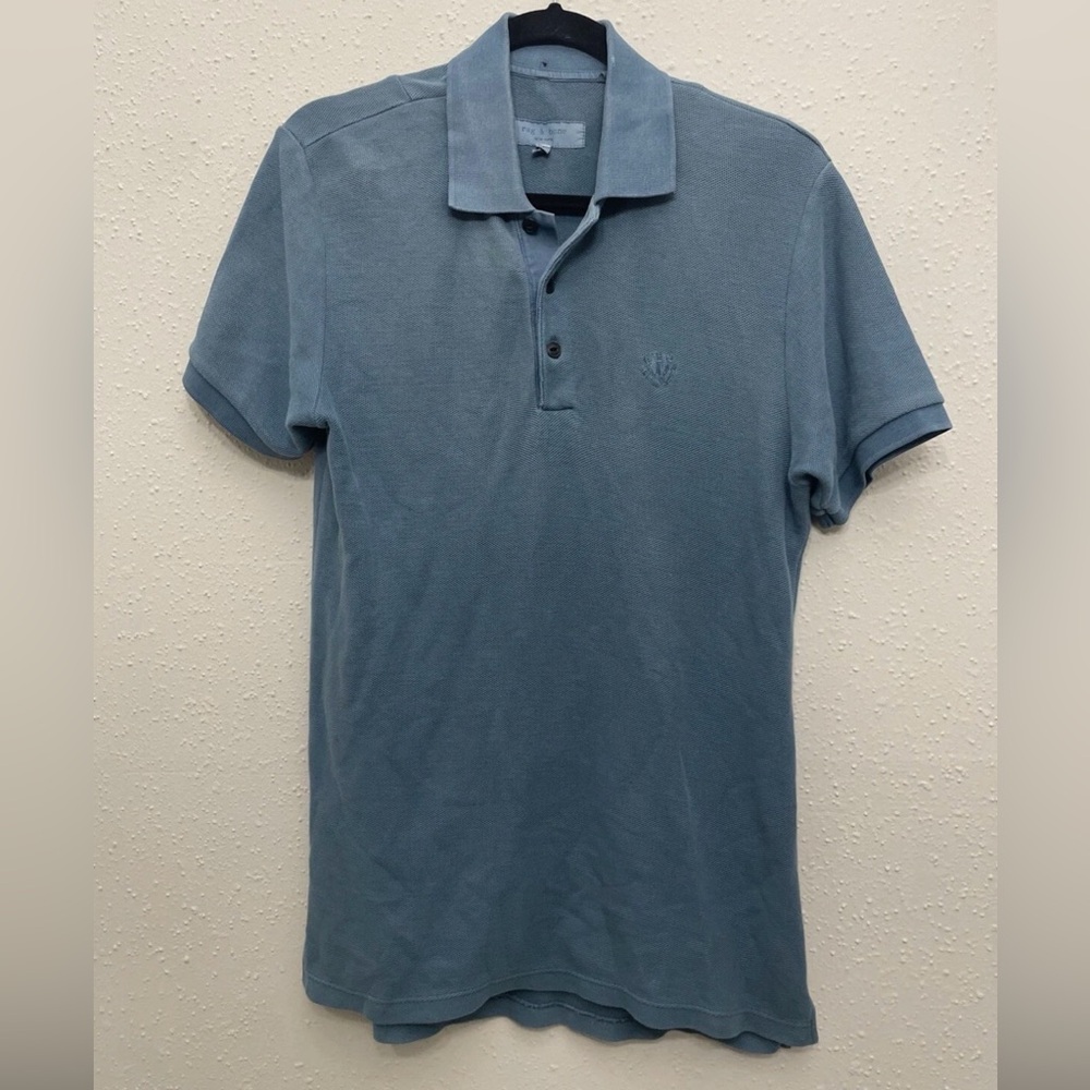 Rag & Bone Polo Shirt Sword Embroidered Mens Small Blue Knit Short Sleeve Cotton